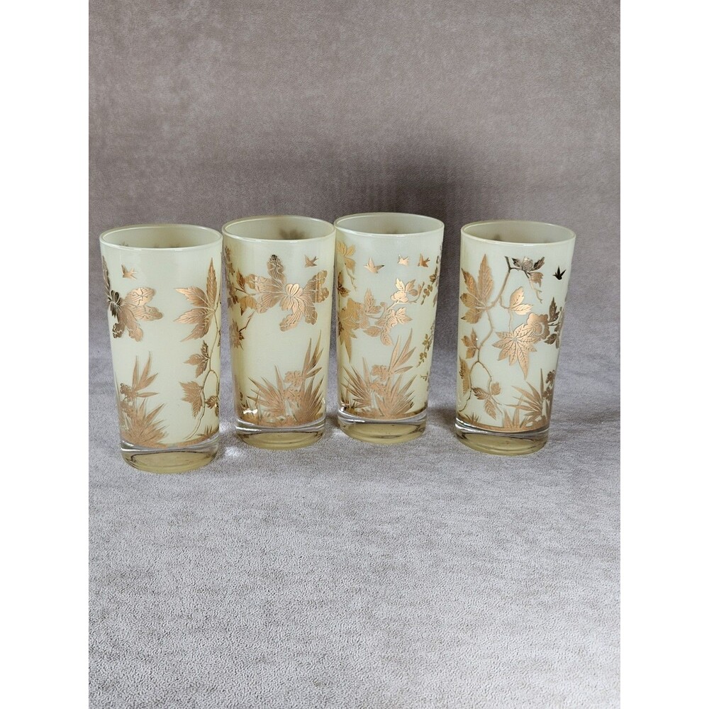 Vintage Set Of 4 Yellow Glass Gold Leaf Foliage Highball Tumblers MCM